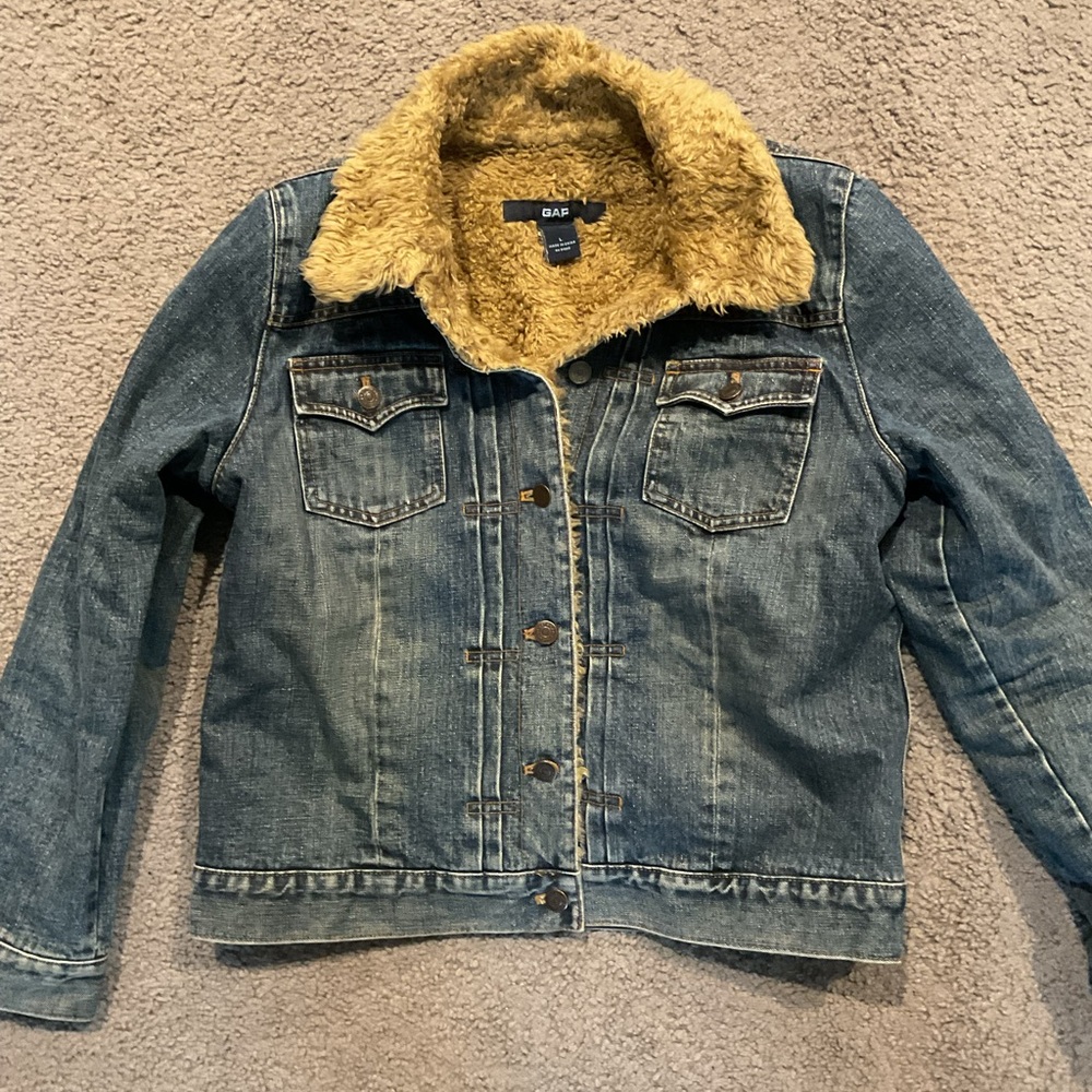 GAP Vintage Women’s Denim Sherpa Trucker Jean Jacket Faux Fur Collar Y2K sz L